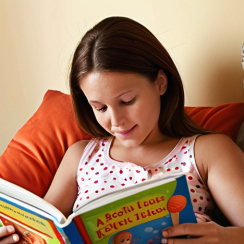 Home 4 ** A mother reading a colorful picture book to her young child. Focus on the interaction and the child's engagement with the sounds and images. The scene should evoke a sense of warmth and bonding.
**