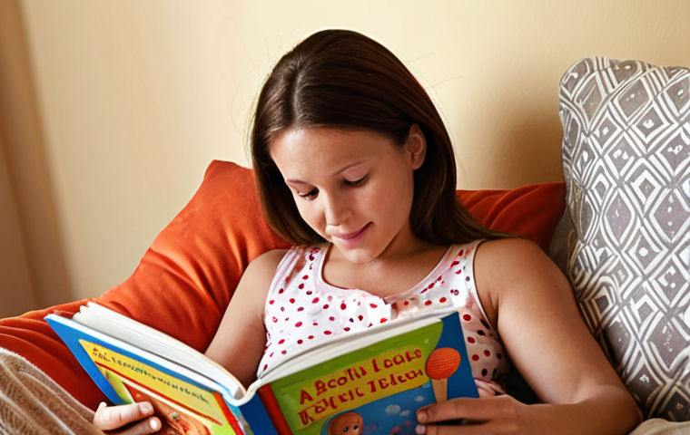 ** A mother reading a colorful picture book to her young child. Focus on the interaction and the child's engagement with the sounds and images. The scene should evoke a sense of warmth and bonding.
**